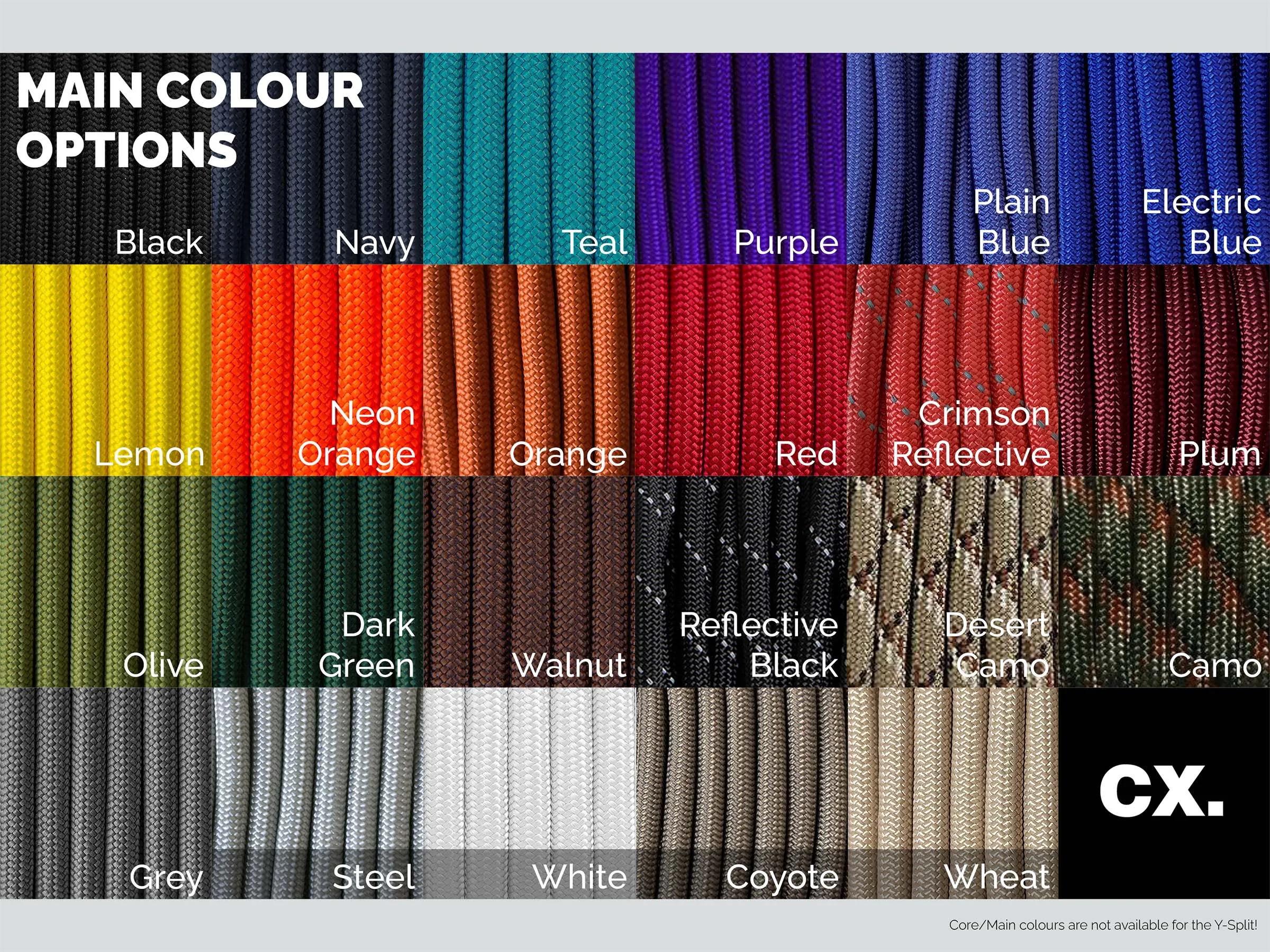 The full range of colours offered for the main cable.
